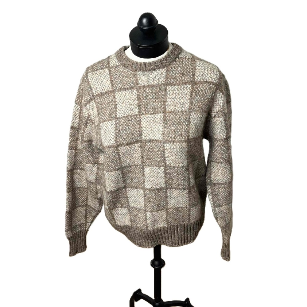 Vintage Knights Bridge Beige Brown Checkered Crewneck Wool Sweater Size Large